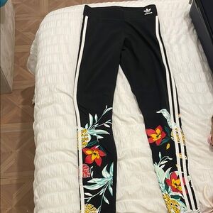 Adidas Black and Red Leggings with Floral Design